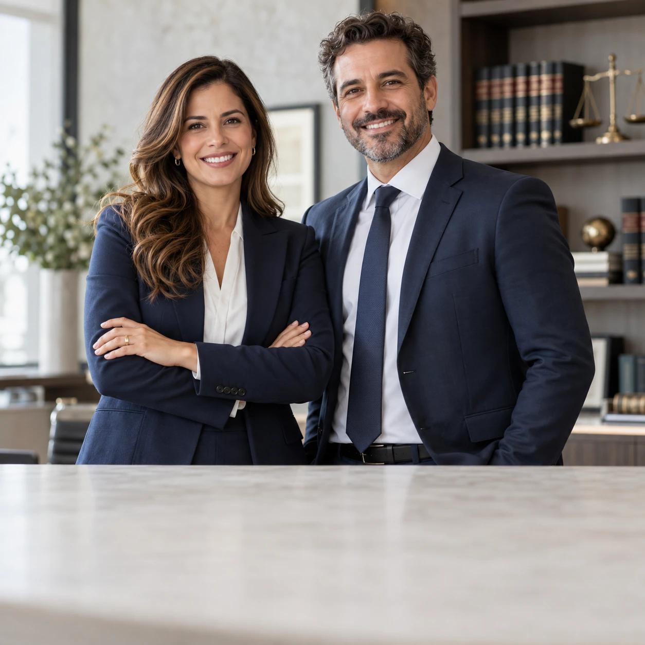 Casal de advogados sorrindo em um escritório — imagem ilustrativa
