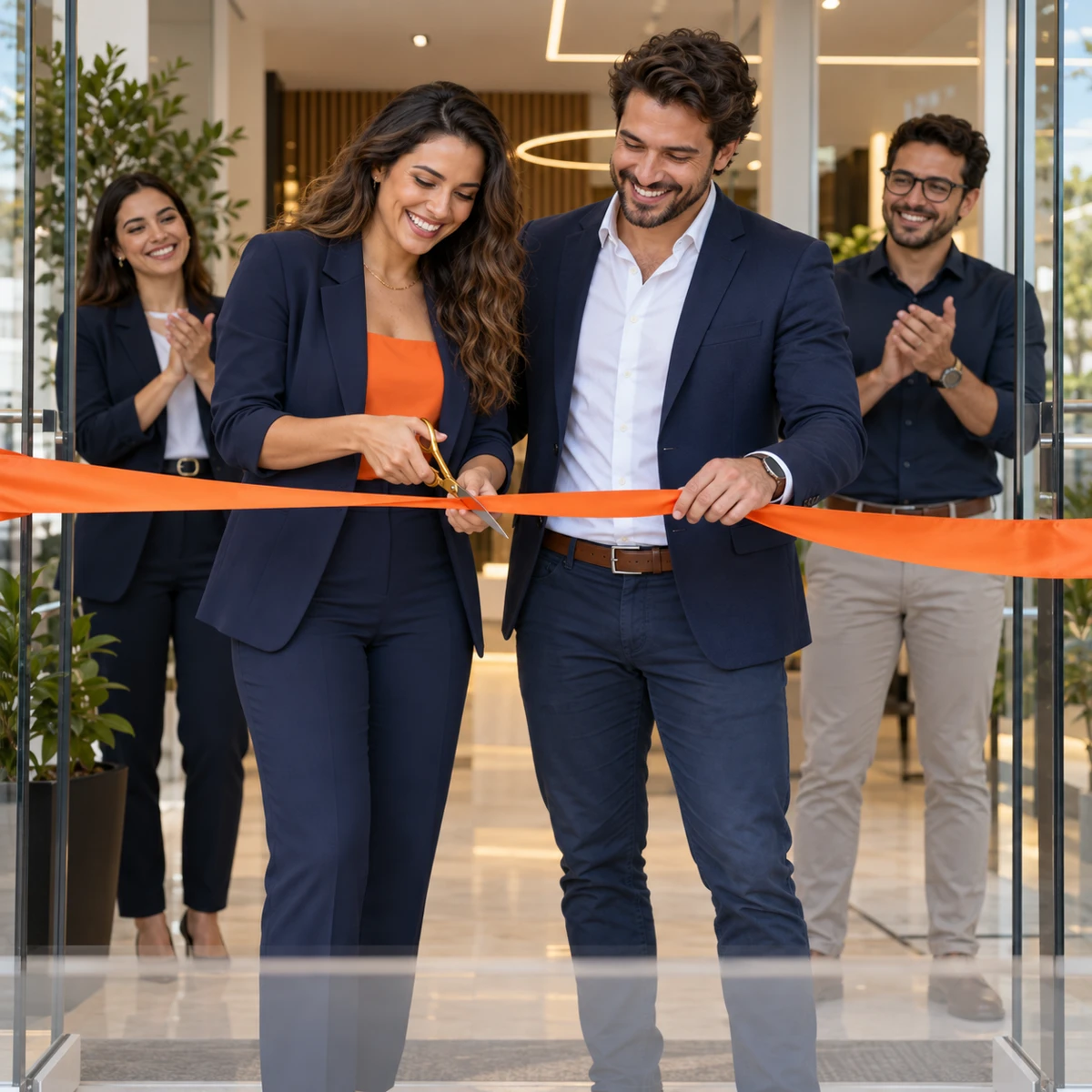 Empreendedores celebrando a inauguração de uma empresa