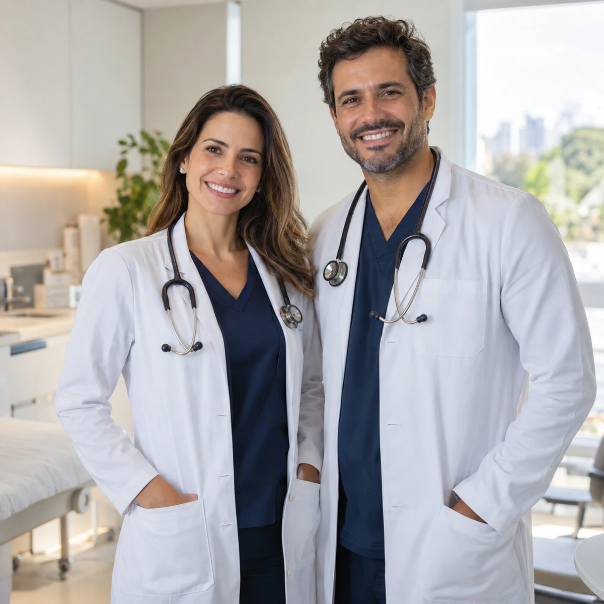 Casal de médicos sorrindo em uma clínica