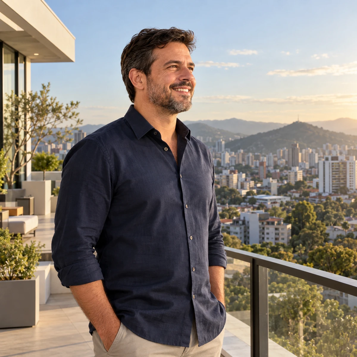 Empresário olhando para o horizonte com confiança no crescimento do negócio